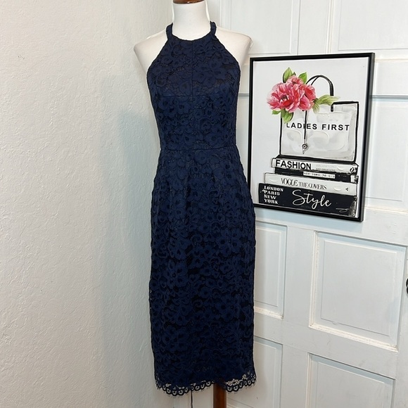 Shoshanna Midnight Uma Navy Lace Midi Halter Dress Size 2 - Picture 3 of 11